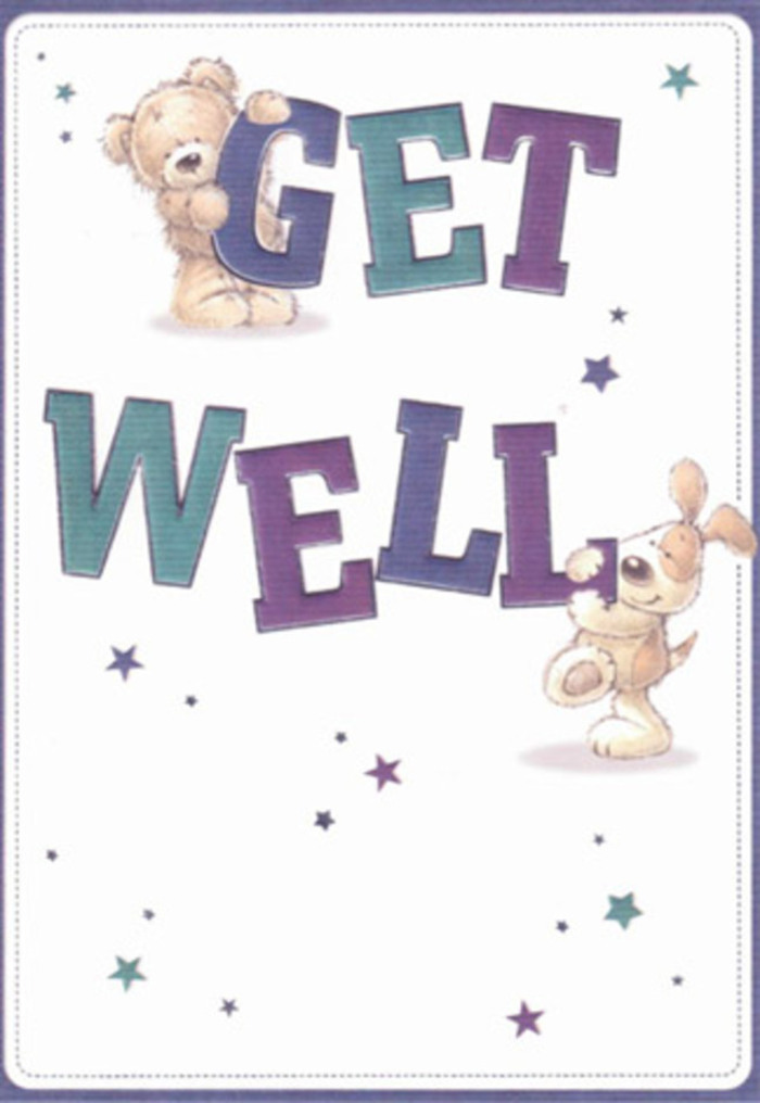 This card captures a moment of innocent cheer, its message of 'Get Well' articulated through the lively friendship of a warm-toned bear and an exuberant, long-eared pup. Central to the artwork are large, bold letters swathed in gradients of purple and blue-green, rising with confidence from a serene cream backdrop. Around them, starlit shapes, reminiscent of both hope and joy, drift playfully, just as blooms of Bromley Common's spring gardens drift along the breeze. The bear's fleecy coat and the puppy's floppy, velvety ears are depicted so richly that one can almost sense their touch. The scene brings to mind not just the artistry of illustration, but the delicate craftsmanship that goes into each recovery bouquet prepared by local florists in Bromley Common-petals arranged for reassurance, each element chosen to comfort and encourage. The card's composition, much like an expertly balanced posy, radiates lightness and a belief in healing-a sentiment often shared by neighbours exchanging get well wishes along Southborough Lane or Chatsworth Parade.