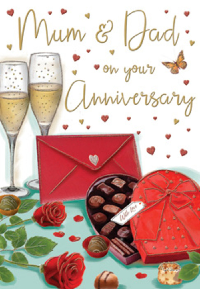 This anniversary card illustration sets a romantic, family-focused scene that feels perfectly suited to a quiet corner of Bromley Common. The composition is arranged like a still life of celebration: in the foreground, deep red roses with densely layered, velvety petals stretch across the table, their stems partially hidden beneath arcs of glossy dark-green leaves. They look as if they have just been laid down from a bouquet, echoing the kind of fresh, seasonal blooms delivered daily by Flower Delivery Bromley Common. Nestled beside the roses is an open, heart-shaped chocolate box, wrapped in rich red and adorned with a sweeping satin bow whose loops and tails spill gracefully over the lid. Inside, rows of chocolates, shaded in dark and milk tones, sit neatly in their compartments; subtle highlights along their surfaces suggest a smooth, indulgent texture. Behind this inviting arrangement, two tall and slender champagne flutes stand almost touching, filled with a golden liquid fizzing softly with tiny bubbles that ascend in delicate streams, catching the light like miniature strings of fairy lights. Scattered delicately across the soft, neutral background are tiny crimson and gold hearts, giving a feeling of movement and festivity as they swirl around the hand-lettered words Mum & Dad. Off to the side, a bright scarlet envelope lies on the table, its shape crisp and its colour intense, hinting at a loving message tucked inside. The overall impression is of a calm, intimate celebration in a Bromley Common home, perhaps following a leisurely stroll around local green spaces, where flowers, chocolate, and champagne are used to honour years of shared history, affection, and family life.