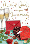 In this detailed anniversary card illustration, every element comes together to evoke a cosy, romantic celebration, the sort you might find in a Bromley Common living room at the end of a long day. In the forefront sit two opulent red roses, their petals layered and soft-looking, rich in shade and depth, framed by abundant green foliage that curls naturally around them. These blooms rest alongside an open, heart-shaped box of chocolates, its bright red wrapping and showy satin bow making it the visual centre of the card. The lid tilts back, revealing a precise arrangement of chocolates in varying shades of brown, their polished surfaces catching highlights that suggest silky-smooth centres. Behind this, two elegant champagne flutes rise side by side, filled with sparkling, golden champagne. Tiny bubbles climb within the clear glass, giving a sense of quiet movement and the promise of a coming toast to many shared years. Across the gentle, cream-toned background, small red and golden hearts float like light confetti, creating a soft halo around an affectionate Mum & Dad dedication written in flowing, handwritten-style script. To one side, a vivid scarlet envelope rests on the tabletop, slightly angled, unfussy yet full of suggestion-a heartfelt note or card sealed and ready to be opened. The colour palette of crimson, gold, and warm neutrals, together with the soft, diffused light bathing the scene, conjures up the atmosphere of an anniversary evening in Bromley Common, where a simple arrangement of flowers, chocolates, and champagne can speak volumes about enduring love and appreciation.